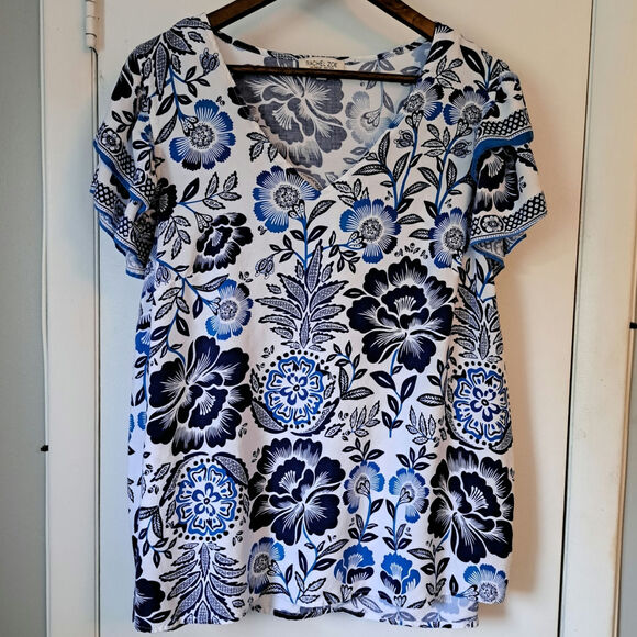 Rachel Zoe Tops - Rachel Zoe Blue Floral V-Neck Flutter Sleeve Blouse - 2X